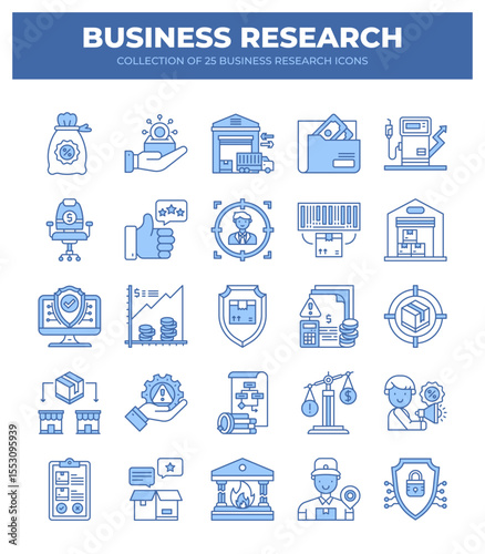 Collection of 25 Business Research Icons.  Visualizing Market Trends. Data Analysis. and Strategic Growth