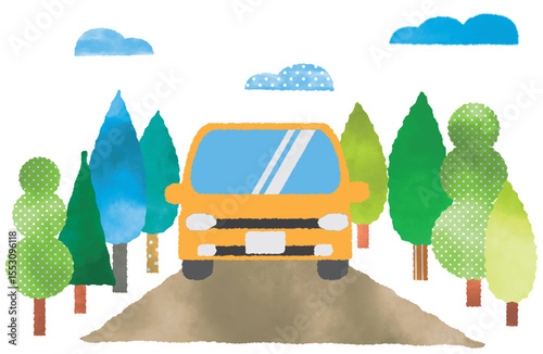 Illustration of a simple car. Drive. Driving. Travel. Outing. Forest. Forest. Nature. Handwriting style vector.