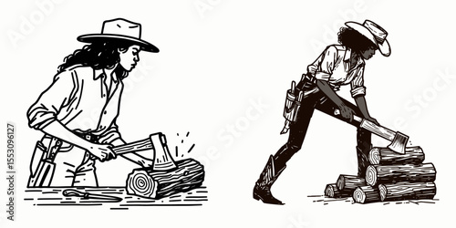 African American Cowgirl Chopping wood. Western Cartoon Clipart Cowboy Silhouette Line Art Vector Illustration. Black female rancher axing lumber rural lifestyle outdoor labor activity.