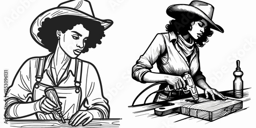 African American Cowgirl Carving initials in wood. Western Cartoon Clipart Cowboy Silhouette Line Art Vector Illustration. Black female rancher crafting sign timber cutting monogram.