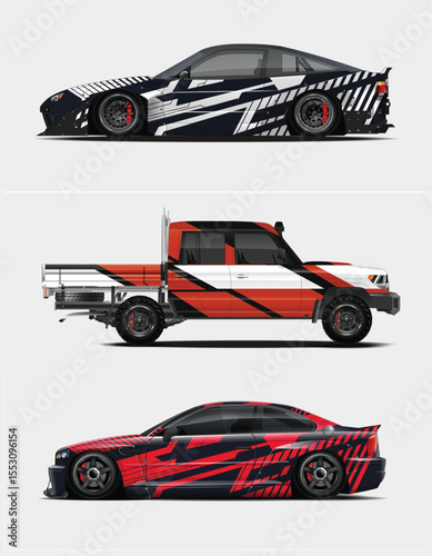 Three vehicles with custom racing livery designs in black white orange and red