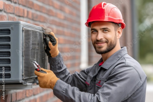 Hvac technician repairing air conditioner unit wearing red hardhat and gloves photo