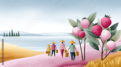 organic strawberry picking Colorful Harvest Scene with Workers Gathering Strawberries by Water summer fruit festival family farm harvest