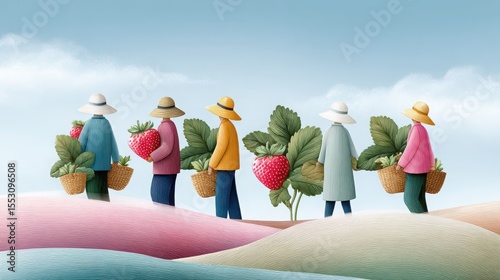 organic strawberry picking Farmers Harvesting Strawberries Under a Blue Sky in a Vibrant Landscape summer fruit festival family farm harvest