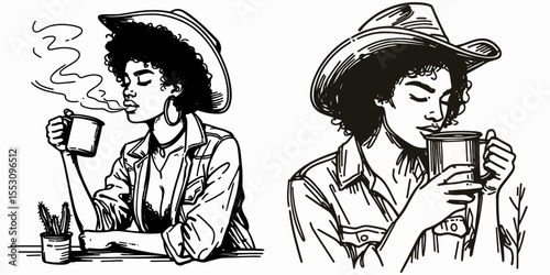 African American Cowgirl Drinking coffee from tin mug. Western Cartoon Clipart Cowboy Silhouette Line Art Vector Illustration. Dark-skinned female rancher enjoys java metal container.