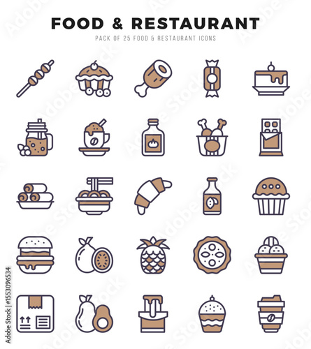 Food and Restaurant Icons Pack. Two Color icons set. Two Color icon collection set.