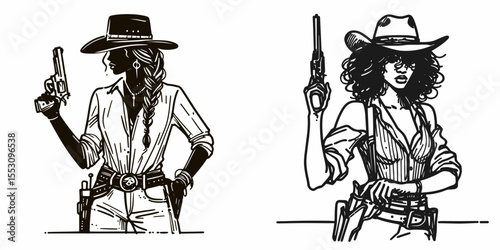 African American Cowgirl Drawing gun from holster. Western Cartoon Clipart Cowboy Silhouette Line Art Vector Illustration. Black woman rancher pulling firearm case illustration a image.