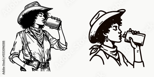 African American Cowgirl Drinking from flask. Western Cartoon Clipart Cowboy Silhouette Line Art Vector Illustration. Black woman rancher enjoying a drink small bottle outdoor scene.