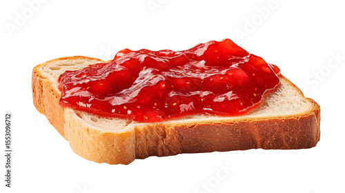 Fresh slice of bread with sweet strawberry jam against a black background