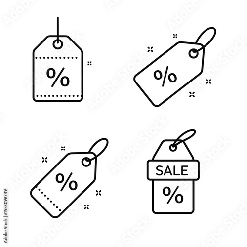 Modern Minimalist Line Art Sale Tags: Discount Percentage Icons for Retail Marketing and E-commerce Websites.