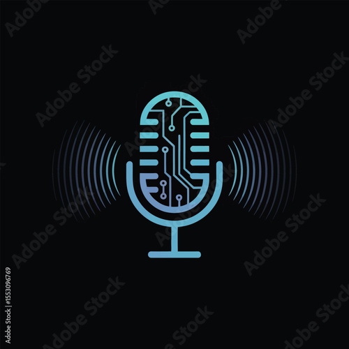 Teal and Blue Circuit Board Design Retro Microphone with Sound Waves on Black Background Digital Audio Technology Concept Illustration