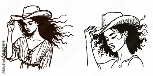 African American Cowgirl Fixing hat in wind. Western Cartoon Clipart Cowboy Silhouette Line Art Vector Illustration. Woman rancher adjusts head covering breeze usa heritage.
