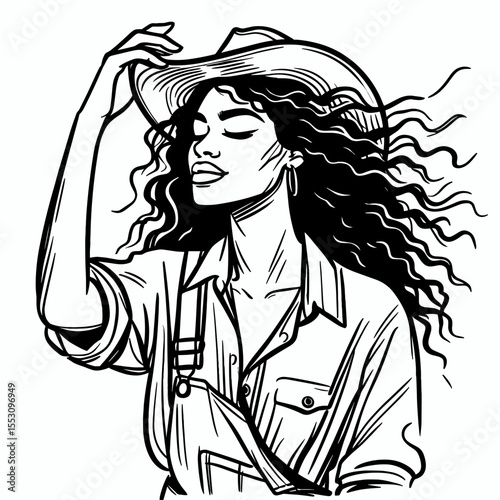 African American Cowgirl Fixing hat in wind. Western Cartoon Clipart Cowboy Silhouette Line Art Vector Illustration. Female person of color adjusting headwear outdoors on windy day ranch.