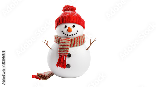 Adorable snowman with red hat and scarf on transparent background offers cheerful holiday spirit.