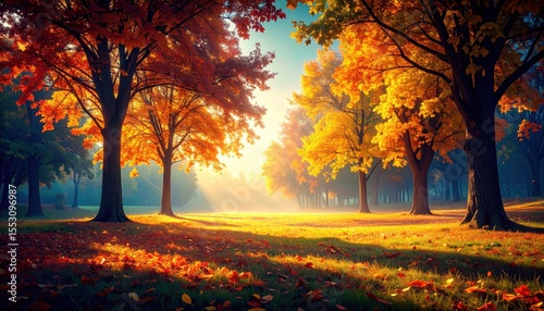 Autumn leaves falling in a tranquil park nature scene vibrant colors sunlit environment serene viewpoint