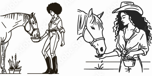 African American Cowgirl Feeding a horse. Western Cartoon Clipart Cowboy Silhouette Line Art Vector Illustration. Black woman rancher giving nourishment to equine animal on farm.