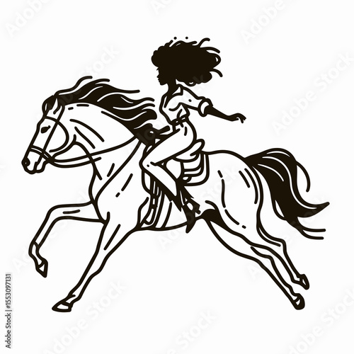 African American Cowgirl Galloping horse. Western Cartoon Clipart Cowboy Silhouette Line Art Vector Illustration. Woman of color riding equine at speed heritage.