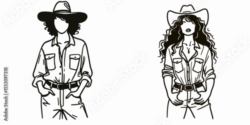 African American Cowgirl Hands in pockets. Western Cartoon Clipart Cowboy Silhouette Line Art Vector Illustration. Black female rancher standing fingers denim a portrait.