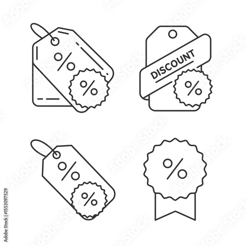 Modern Minimalist Line Art Sale Tags: Discount Percentage Icons for Retail Marketing and E-commerce Websites.