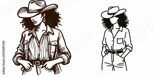 African American Cowgirl Hands in pockets. Western Cartoon Clipart Cowboy Silhouette Line Art Vector Illustration. Black female wrangler digits inward trouser pocket country vibe.
