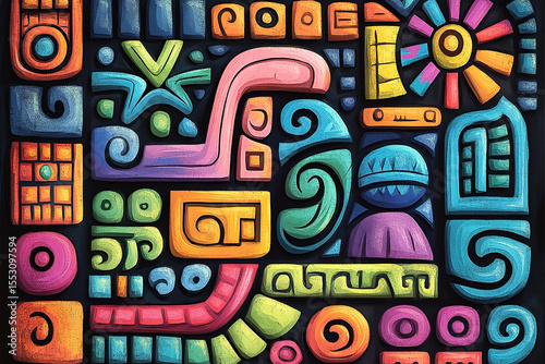 Brightly colored Aztec style textured abstract painting with symbols in strong lines and colors.