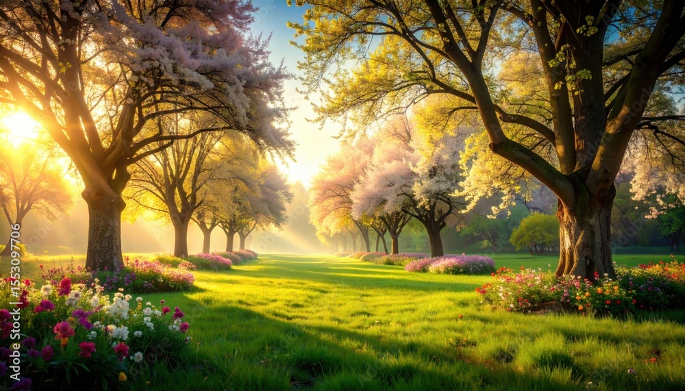 Fototapeta premium Golden sunrise illuminating blooming cherry blossom trees in lush green park nature photography tranquil landscape serene environment