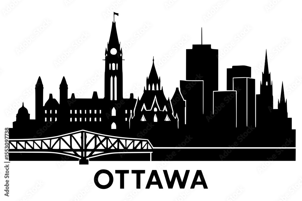 Obraz premium Ottawa skyline silhouette with bridge and buildings in black 