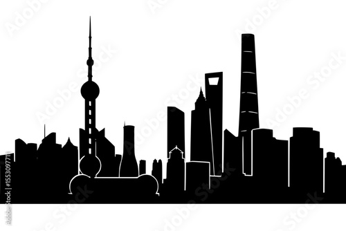 Shanghai skyline silhouette with modern buildings in black  