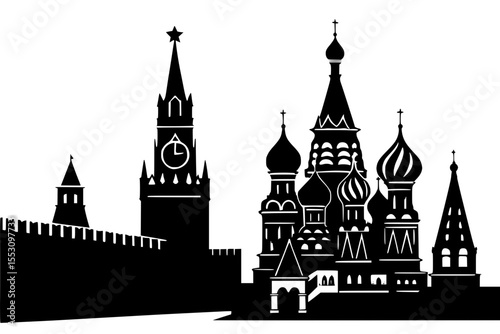 Silhouette of famous Russian landmarks including St. Basil's Cathedral  