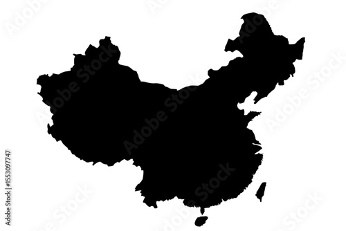 Silhouette map of China in solid black on white background  