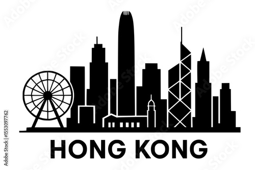 Hong Kong skyline silhouette with iconic landmarks in black  