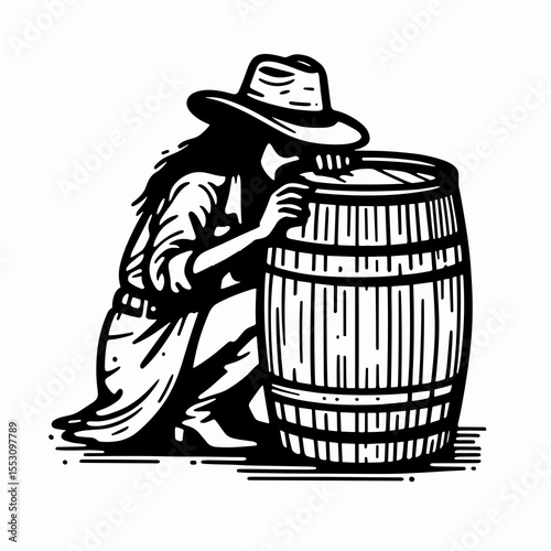 African American Cowgirl Hiding behind a barrel. Western Cartoon Clipart Cowboy Silhouette Line Art Vector Illustration. Black female rancher concealing cask lifestyle concept.