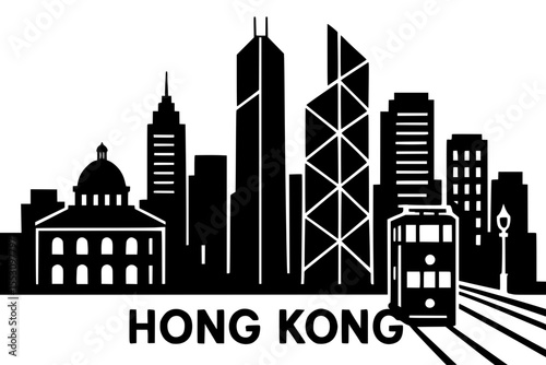 Hong Kong skyline silhouette featuring iconic buildings and tram  