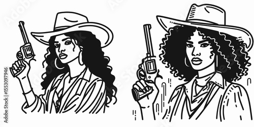African American Cowgirl Holding a revolver. Western Cartoon Clipart Cowboy Silhouette Line Art Vector Illustration. Black female rancher gripping handgun heritage figure with firearm.