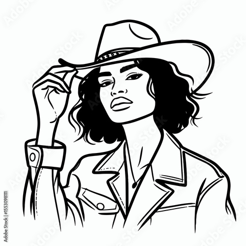 African American Cowgirl Holding cowboy hat. Western Cartoon Clipart Silhouette Line Art Vector Illustration. Black female rancher carrying headwear rural lifestyle theme.
