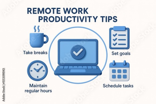 Remote work tips infographic with laptop, clock, calendar, coffee cup, checklist in 3D blue cartoon icons for productivity guidance