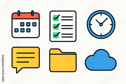 Colorful flat icons set including calendar, checklist, clock, chat, folder and cloud for productivity and organization themes