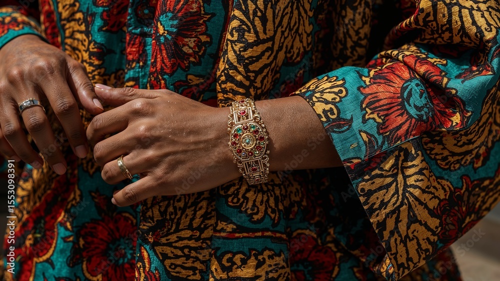 Dark Skinned Hand Wearing a Beaded Bracelet on African Print Fabric Dark Skinned Hand Wearing a Beaded Bracelet on African Print Fabric