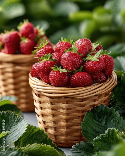 organic strawberry picking Fresh Red Strawberries in Wicker Baskets Surrounded by Green Leaves summer fruit festival family farm harvest