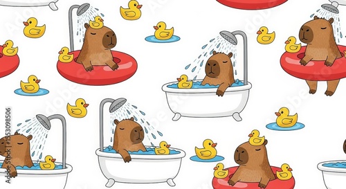 Seamless pattern of capybaras relaxing in bathtubs and swimming with yellow rubber ducks merrily
