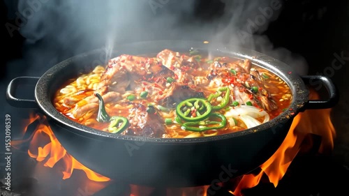 Spicy Korean Hot Pot Boiling Over Fire