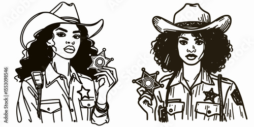 African American Cowgirl Holding sheriff badge. Western Cartoon Clipart Cowboy Silhouette Line Art Vector Illustration. Black woman rancher displays law emblem representing frontier justice.