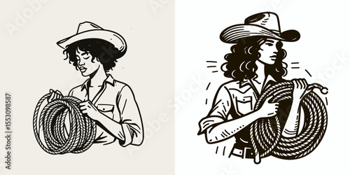 African American Cowgirl Holding rope coil. Western Cartoon Clipart Cowboy Silhouette Line Art Vector Illustration. Black woman rancher carrying loop twine heritage person portrait.