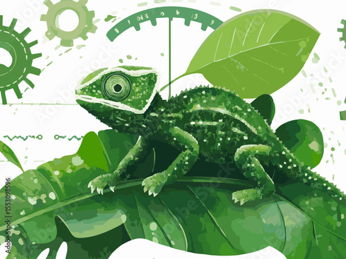 Green chameleon resting on a vibrant leaf