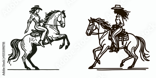 African American Cowgirl Horse rearing. Western Cartoon Clipart Cowboy Silhouette Line Art Vector Illustration. Black female rider atop equine doing trick powerful animal lifting up.