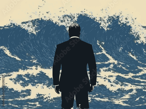 Selective focus. Ocean waves crashing before silhouette of thoughtful man