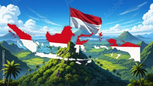 Stunning Illustration of Indonesia Flag and Archipelago Landscape
