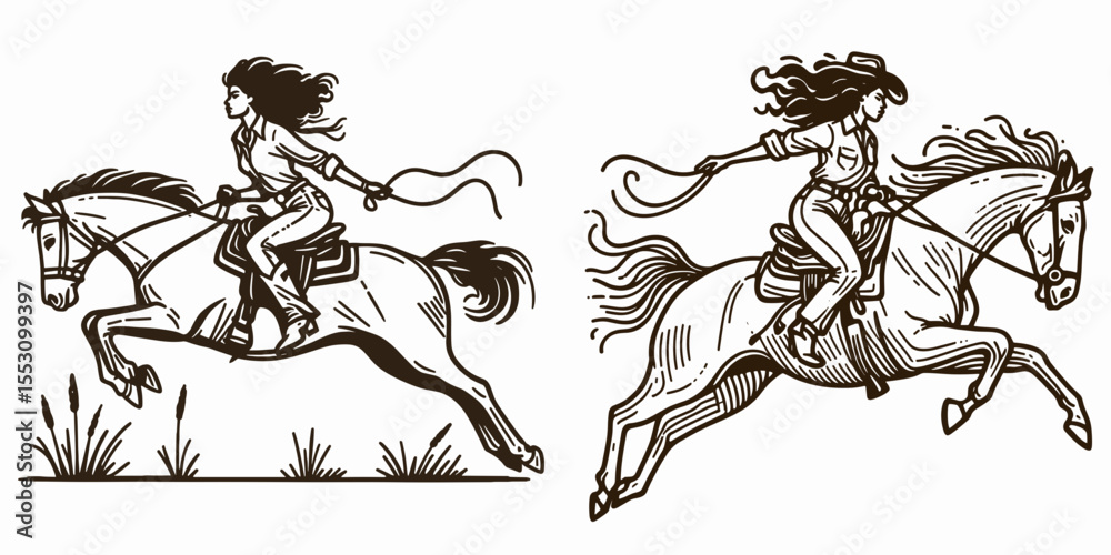 Fototapeta premium African American Cowgirl Jumping off horse. Western Cartoon Clipart Cowboy Silhouette Line Art Vector Illustration. Black female equestrian leaping down horsewoman dismount action.