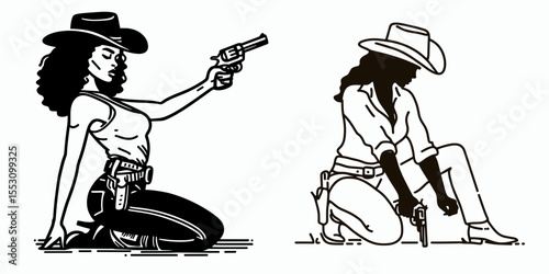African American Cowgirl Kneeling to draw gun. Western Cartoon Clipart Cowboy Silhouette Line Art Vector Illustration. Black female rancher crouching pulling firearm heritage picture.