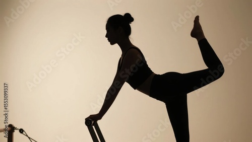 A woman is doing Pilates, with an elegant posture, presenting the beauty and strength of the exercise through silhouette.
